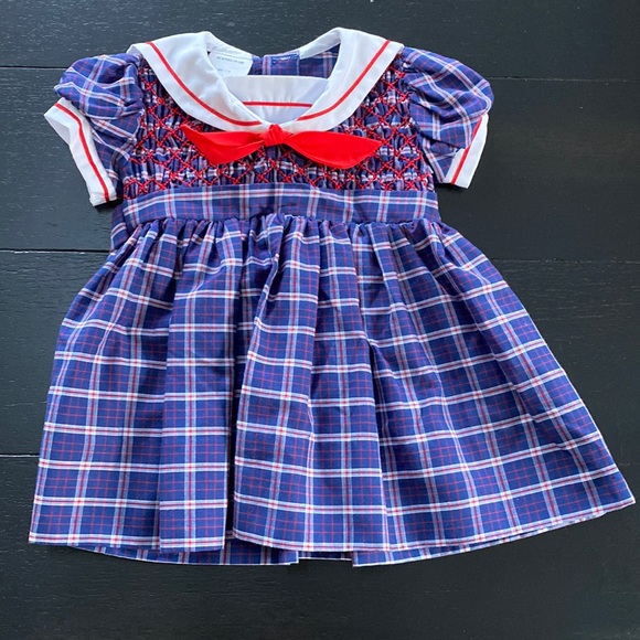 Polly Flinders Vintage Hand Smocked Dress. Toddler 2. Navy Plaid. - Picture 1 of 11